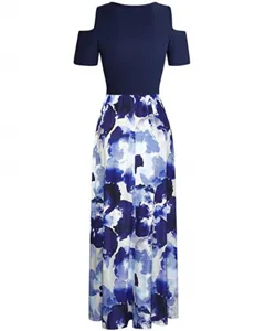 Cold shoulder short sleeve floral print splice maxi dress detail view and fabric texture.