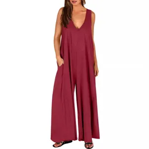 Women casual V-neck sleeveless pocket long jumpsuit main view showing relaxed summer style.