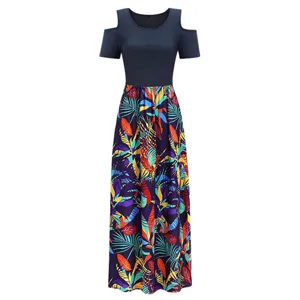 Women Summer Cold Shoulder Short Sleeve Colorblock Tropical Leaf Print Long Maxi Dress