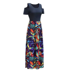 Women's cold shoulder short sleeve color block tropical leaf print long maxi dress