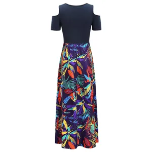 Back view details of womens short sleeve cold shoulder floral print maxi dress summer style