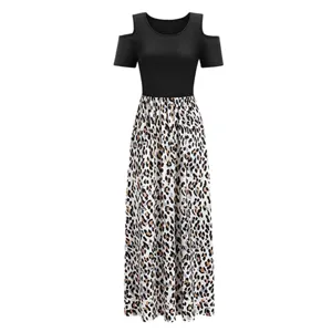 Cold shoulder short sleeve spliced maxi dress detail, black top and leopard print skirt.