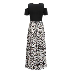 Close up back detail view of cold shoulder short sleeve leopard print maxi dress.
