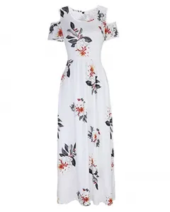 Detailed view of the floral print cold shoulder short sleeve white maxi dress fabric.