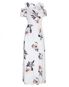 Floral print cold shoulder maxi dress detail, elegant short sleeve design, white fabric.