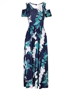 Women's cold shoulder short sleeve tropical leaf print maxi dress, casual summer long dress.