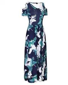 Cold shoulder short sleeve maxi dress with green tropical leaf print for women summer.