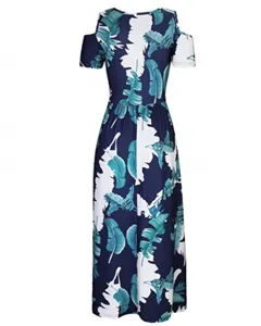 Detailed view of women's cold-shoulder short sleeve tropical leaf print maxi dress.