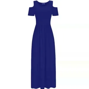Women's solid blue cold shoulder short sleeve maxi dress elegant casual long dress