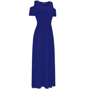 Solid color cold shoulder short sleeve maxi dress detail view, elegant women summer long dress.