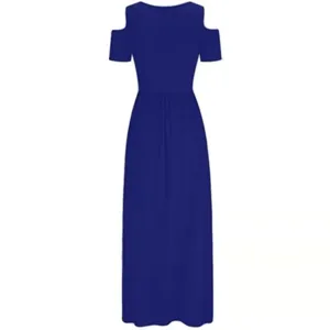 Discover this elegant solid blue cold-shoulder short sleeve maxi dress for women fashion.