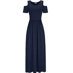 Solid navy blue cold shoulder short sleeve maxi dress for women, elegant casual long dress.