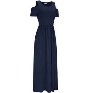 Details of navy blue cold shoulder short sleeve maxi dress, elegant silhouette design.