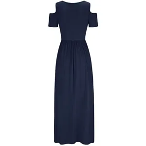 Solid navy blue cold shoulder short sleeve maxi dress details showing elegant design.