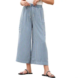 Women's colorful striped casual loose drawstring wide leg pants with pockets for daily wear