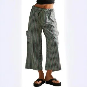 Casual striped drawstring wide leg pants for women, comfortable beach trousers with pockets.