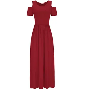 Red cold-shoulder short sleeve maxi dress detail view showcasing the elegant neckline and waist.