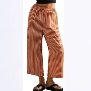 Orange white striped wide leg pants casual drawstring high waist cargo trousers beach wear