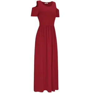 Cold shoulder red maxi dress short sleeve detail view for stylish summer casual wear.