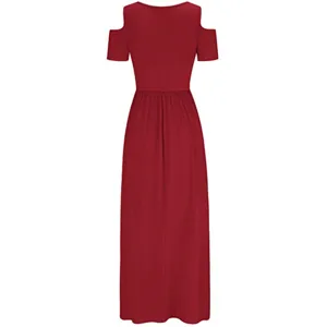 Detail view of the elegant burgundy cold shoulder short sleeve maxi dress with fitted waist.