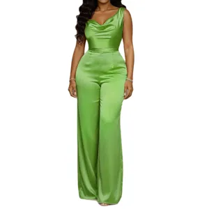 Stunning green satin jumpsuit featuring a chic cowl neck and wide leg design for women.