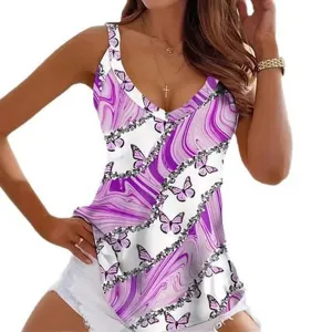 Damen sexy V-Ausschnitt ärmelloses Trägershirt mit lila Marmor Schmetterling Print Mode.