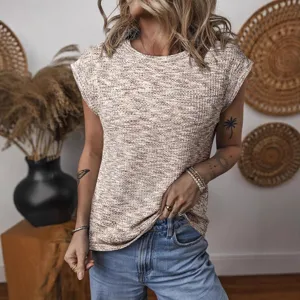 Casual women's round neck knit top solid color loose summer short sleeve t-shirt