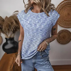 Women Blue Marled Round Neck Sleeveless Knit Top Casual Summer Fashion Basic T-Shirt