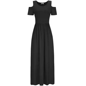 Elegant black cold shoulder short sleeve maxi dress for women, casual summer long dress.