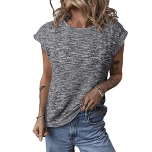 Casual women's grey waffle knit crew neck sleeveless top and basic summer tank t-shirt.