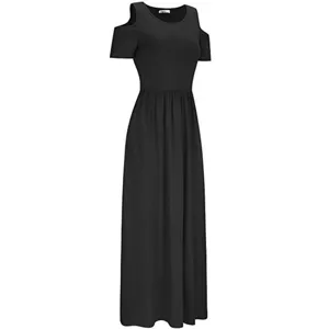 Black cold shoulder maxi dress short sleeve high waist casual elegant long dress for women