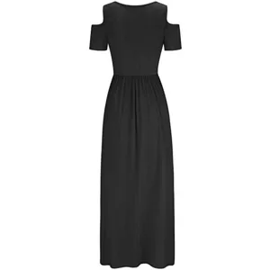 Detailed view of the solid black cold shoulder short sleeve maxi dress, elegant waist design.