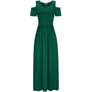 Detailed view of the dark green cold-shoulder short sleeve maxi dress with fitted waist.