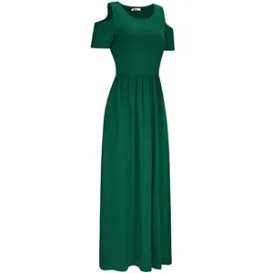 Detail shot of the dark green cold shoulder short sleeve maxi dress, highlighting neckline design.