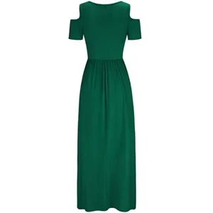 Back view of solid green cold shoulder short sleeve maxi dress, elegant casual wear detail.