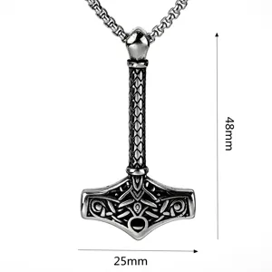 Stainless steel Viking Thor hammer pendant necklace with size details, vintage design.