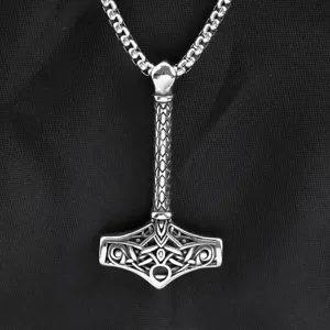 Vintage Stainless Steel Viking Thor Hammer Pendant Necklace Norse Myth Celtic Texture Choker Jewelry Gothic Punk Amulet For Men