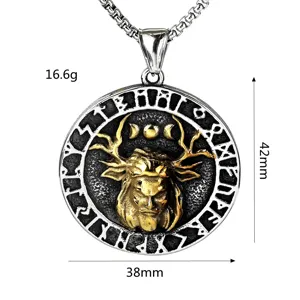 Nordic vintage stainless steel men pendant necklace with Viking runes and stag motif 38mm