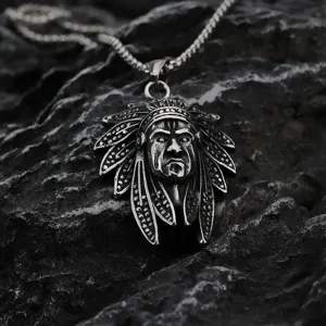 Collier Pendentif Tête de Chef Indien en Acier Inoxydable Vintage pour Homme Choker Punk Rétro Bijoux Cadeau