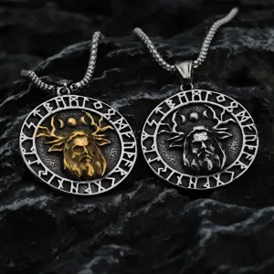 Nordic Vintage Stainless Steel Pendant Necklace For Men Viking Rune Antler Deity Round Medal Charm Retro Punk Necklace Gift