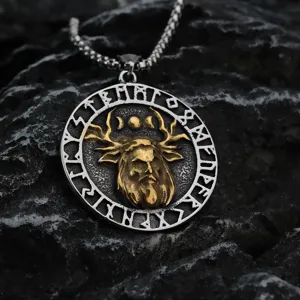 Detailed view of vintage Nordic stainless steel men's deer rune pendant necklace.