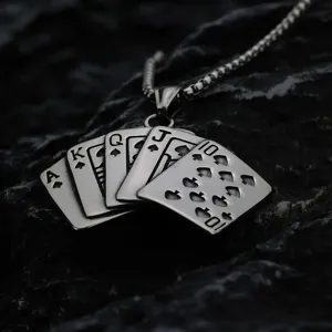 Vintage Stainless Steel Poker Royal Flush Pendant Necklace For Men Retro Punk Style Silver Color Playing Cards Pendant Jewelry Gift