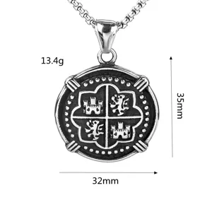Retro spanische Pirat Edelstahl Muenze Anhaenger Halskette fuer Herren Schmuck
