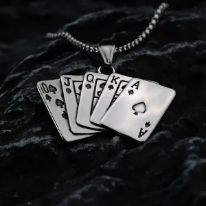 Detailed close-up shot of the vintage stainless steel royal flush spade poker necklace pendant.