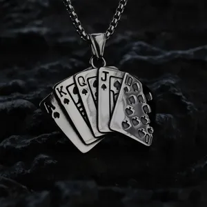 Detailed close-up of vintage stainless steel poker royal flush pendant necklace for men.