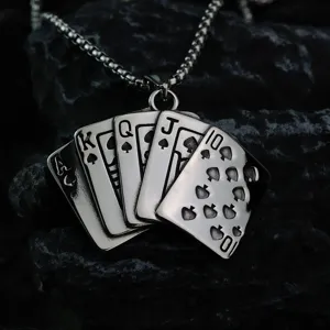 Stainless steel spade poker cards pendant necklace detail shot, vintage metallic finish design.