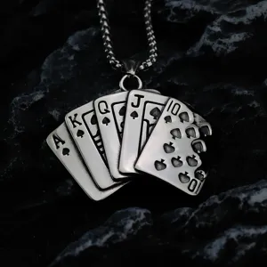 Stainless steel poker royal flush pendant necklace detail close-up showing fine craftsmanship.
