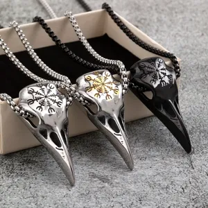 Vintage Stainless Steel Viking Compass Vegvisir Crow Skull Pendant Necklace For Men Women Punk Nordic Runes Mythic Raven Amulet Talisman Jewelry Gift