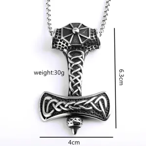 Stainless steel men's pendant Viking Thor hammer necklace detailed product display.