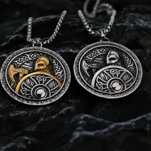 Vintage Titanium Staal Viking Krijger Hanger Ketting Heren Punk Hip Hop Roestvrij Staal Reliëf Strijdbijl Ronde Schild Halskettingen Sieraden